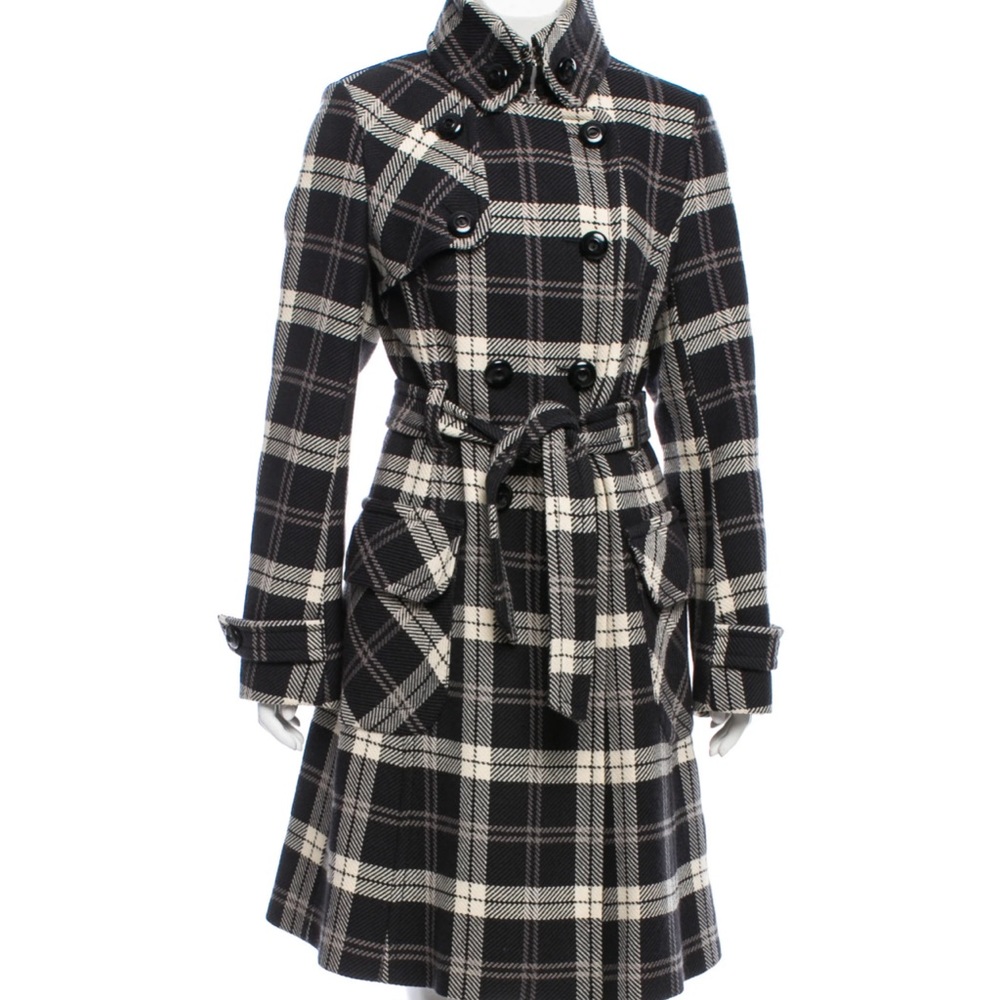 Karen Millen England 100% Wool Plaid Trench Coat